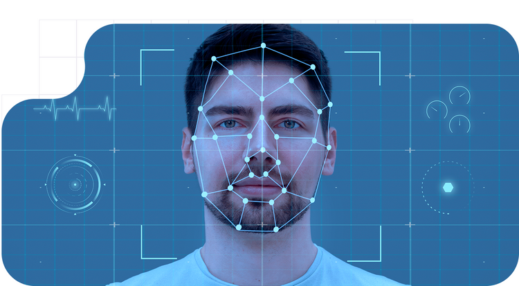 Hombre con escaneo de reconocimiento facial digital.